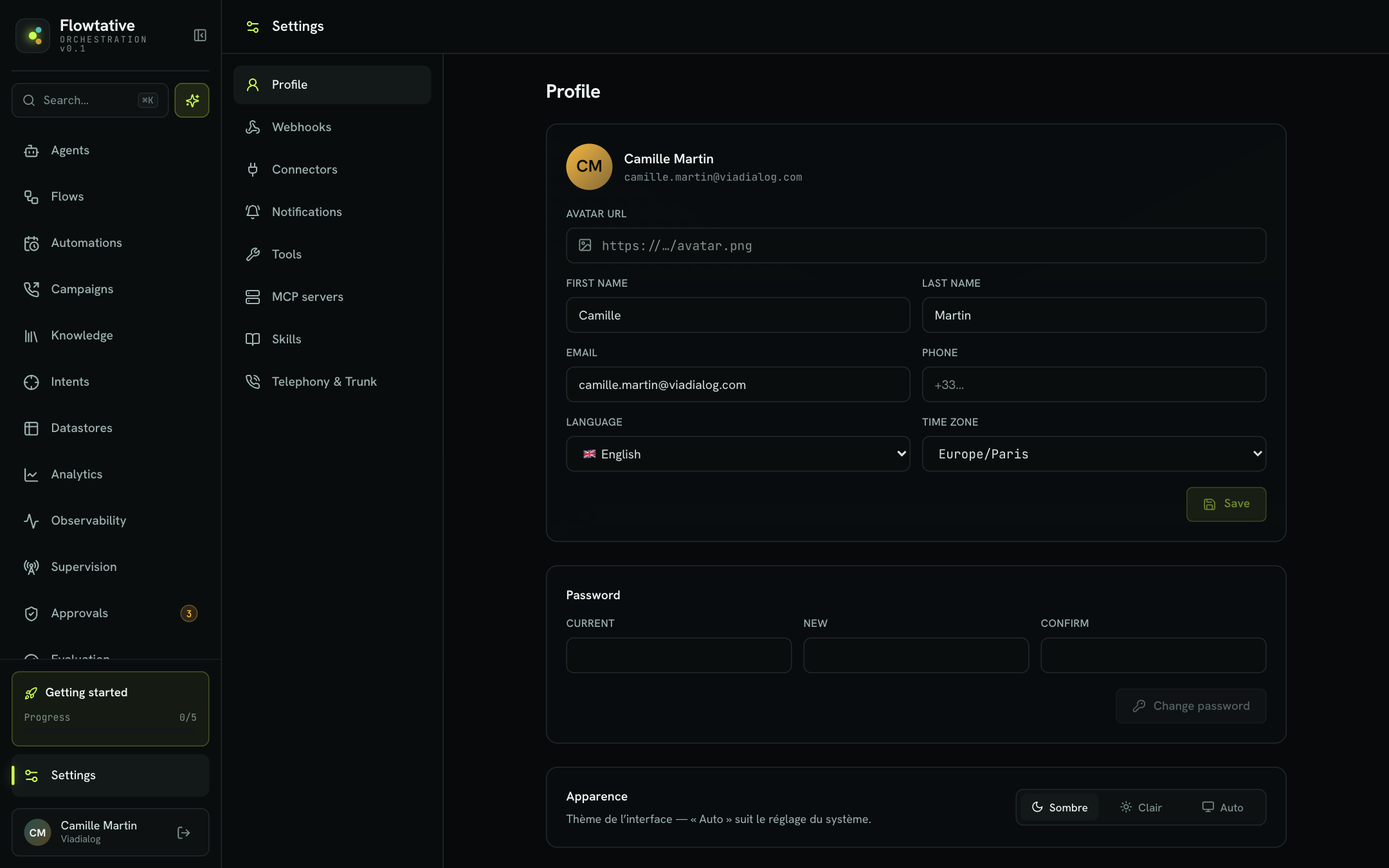 Profile tab of the settings, with the identity card, password and appearance