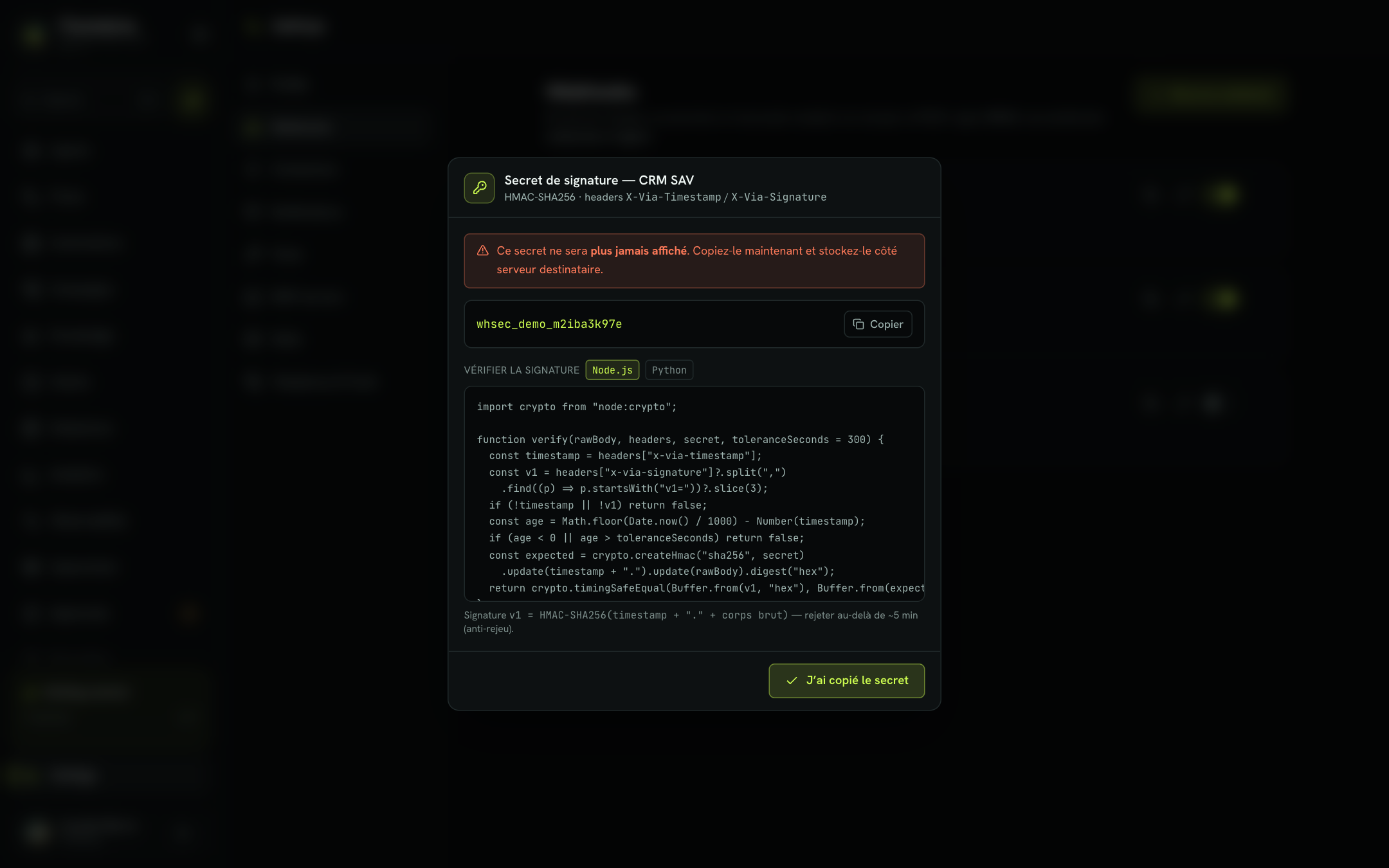 Signing secret window shown right after creating a webhook