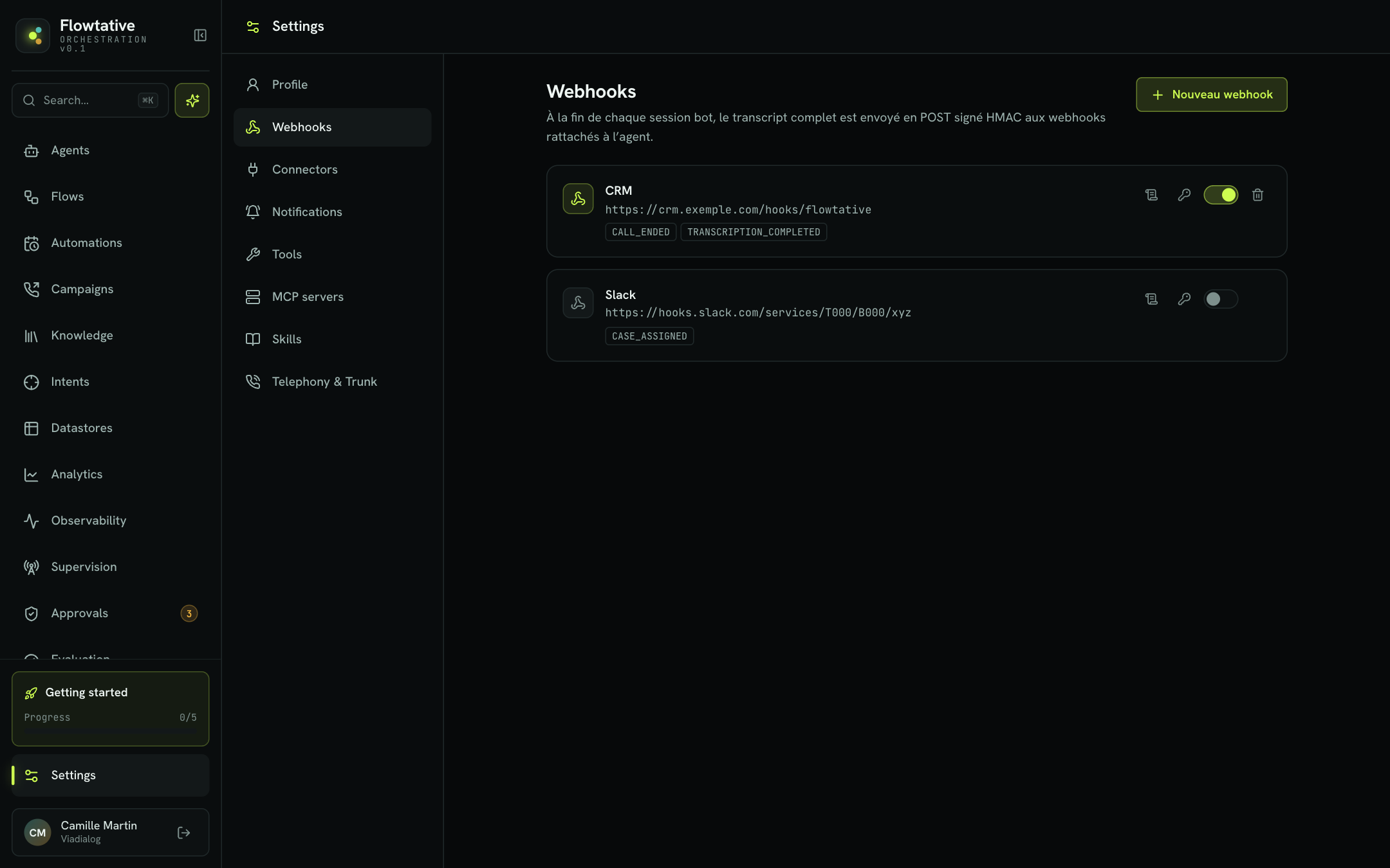 Webhook list in the settings, with one active and one disabled webhook