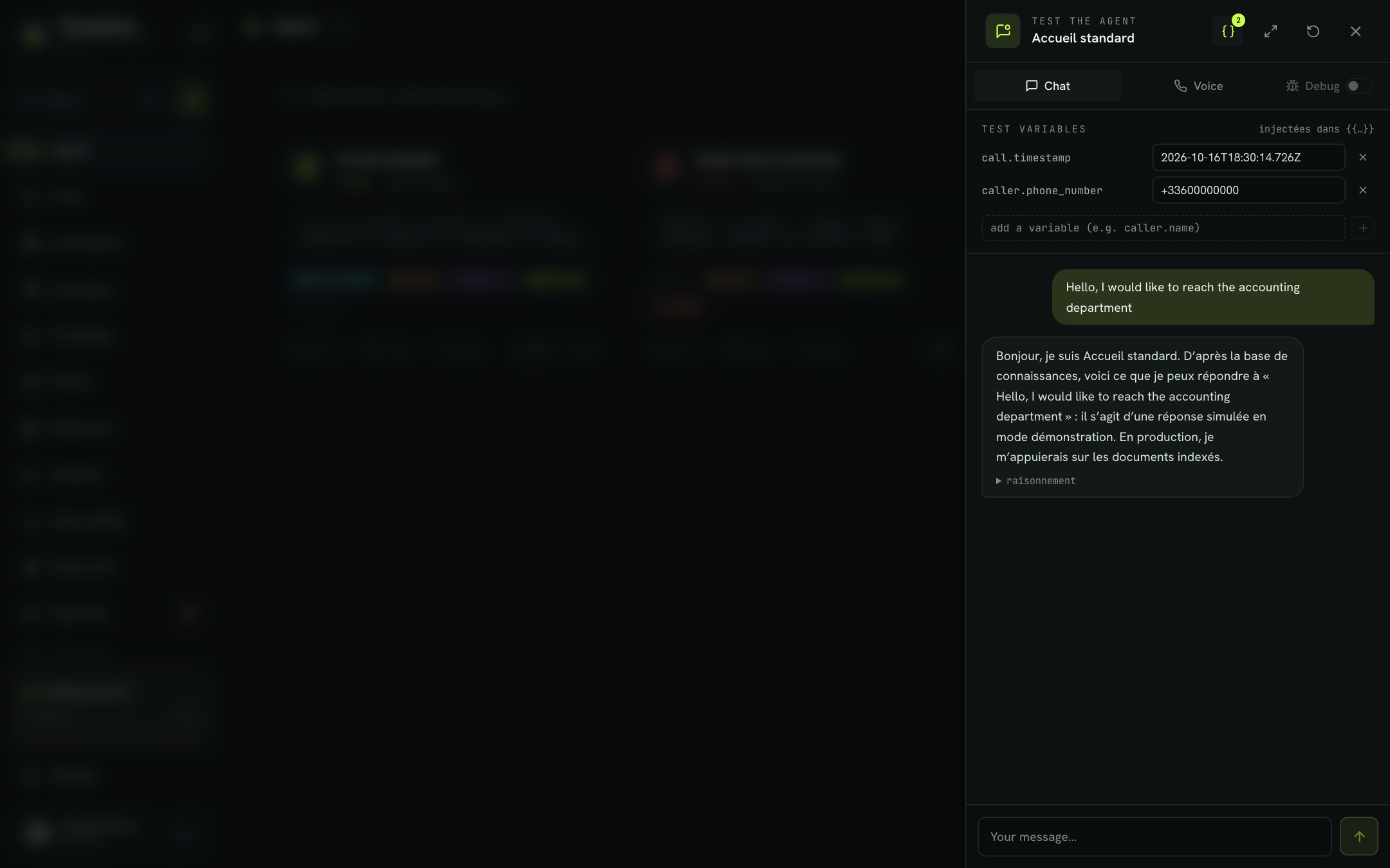 The test panel in Chat mode