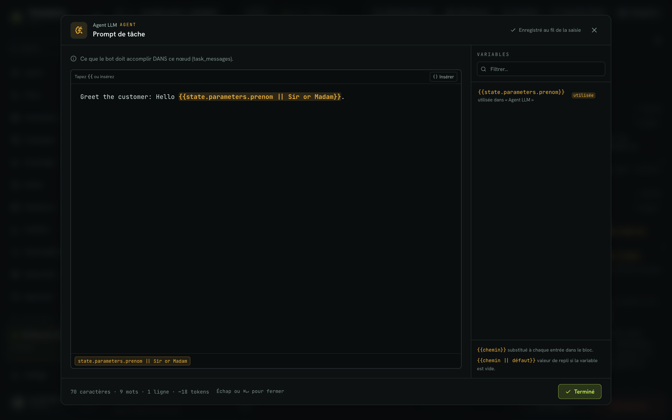 The Variables panel of a block prompt's full-screen editor