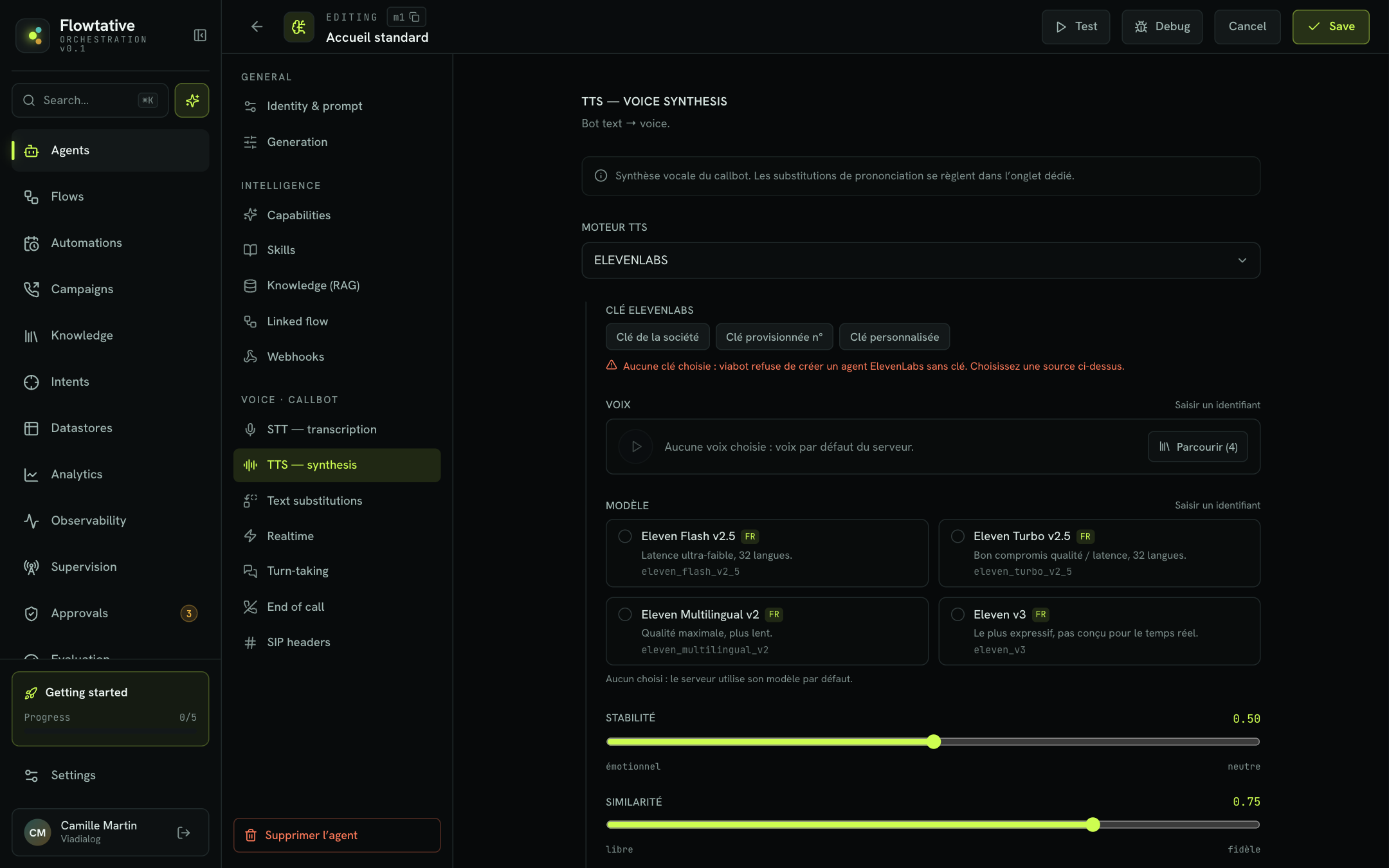 The TTS section with the ElevenLabs voice choice