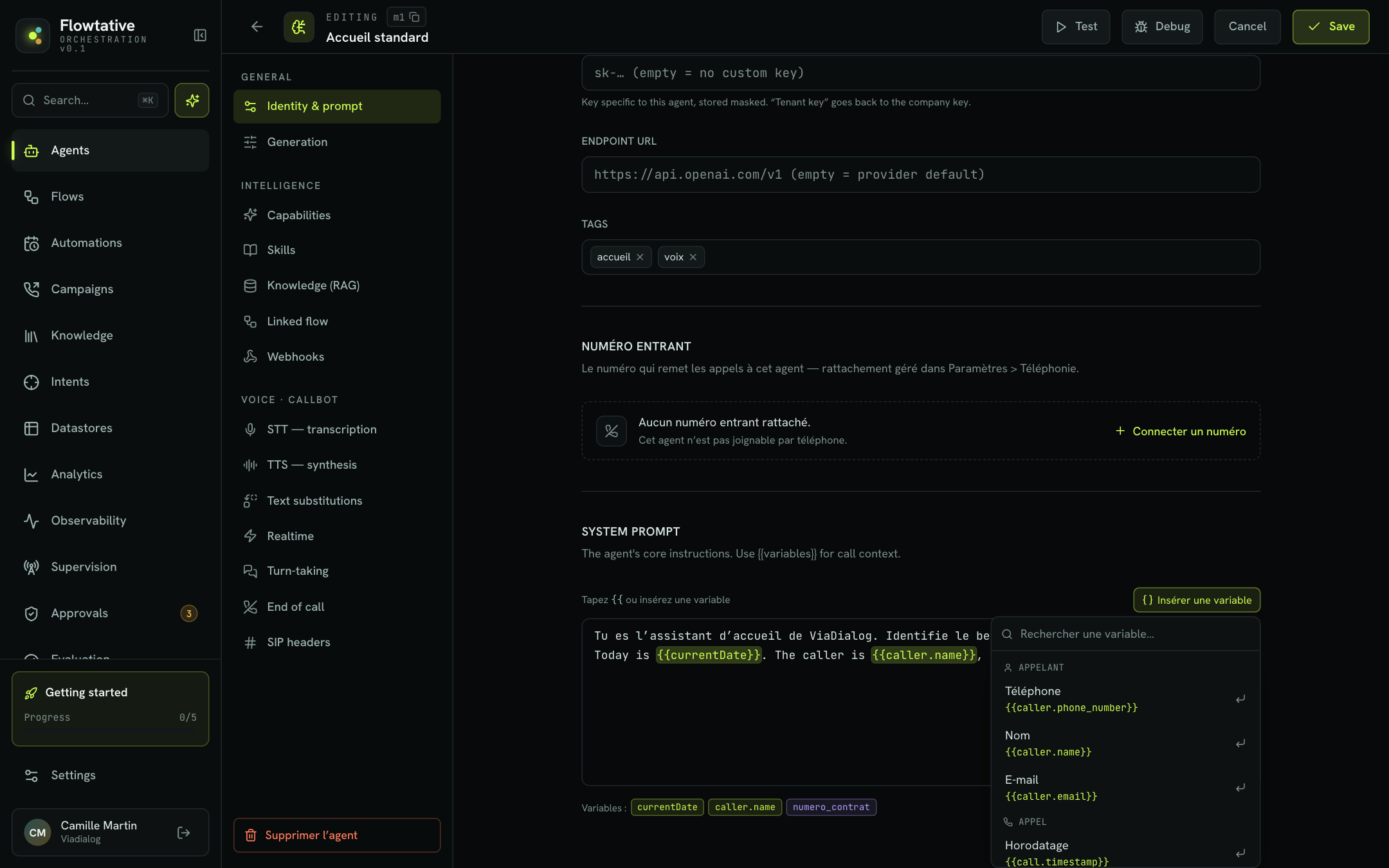 The System prompt field and the Insert a variable menu