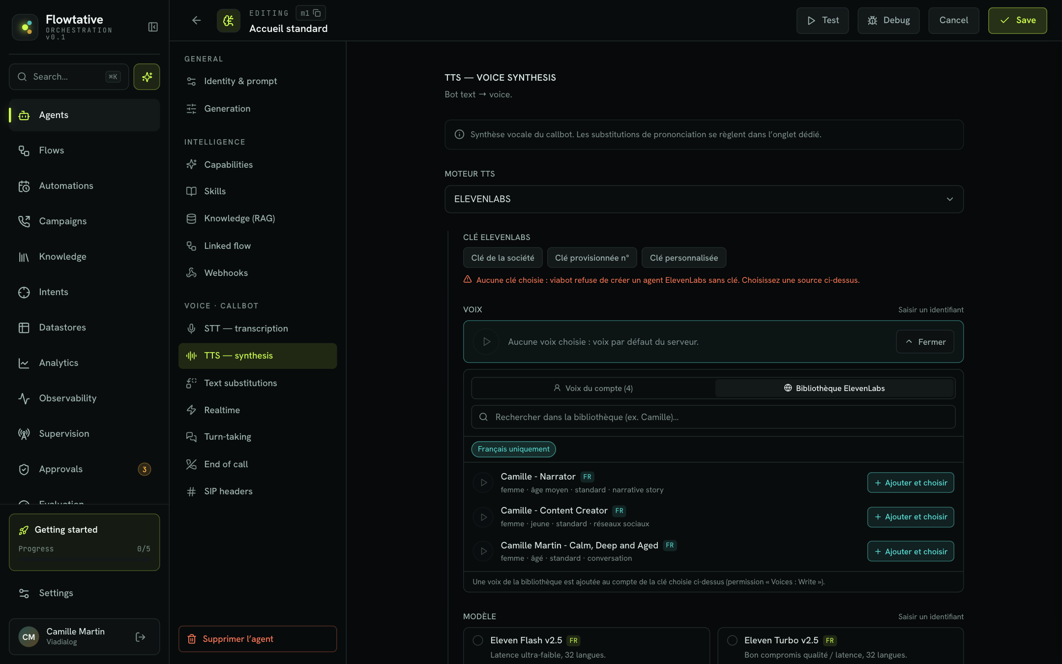 ElevenLabs library tab in a callbot's voice picker