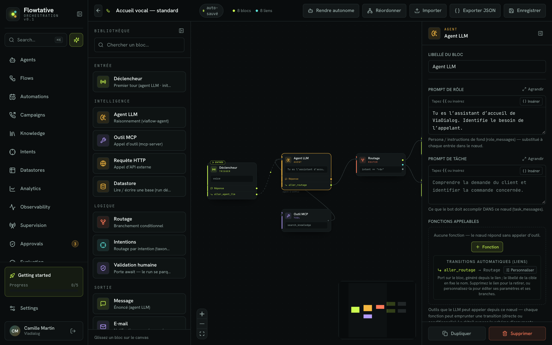 The flow editor with the library, the canvas and the configuration panel