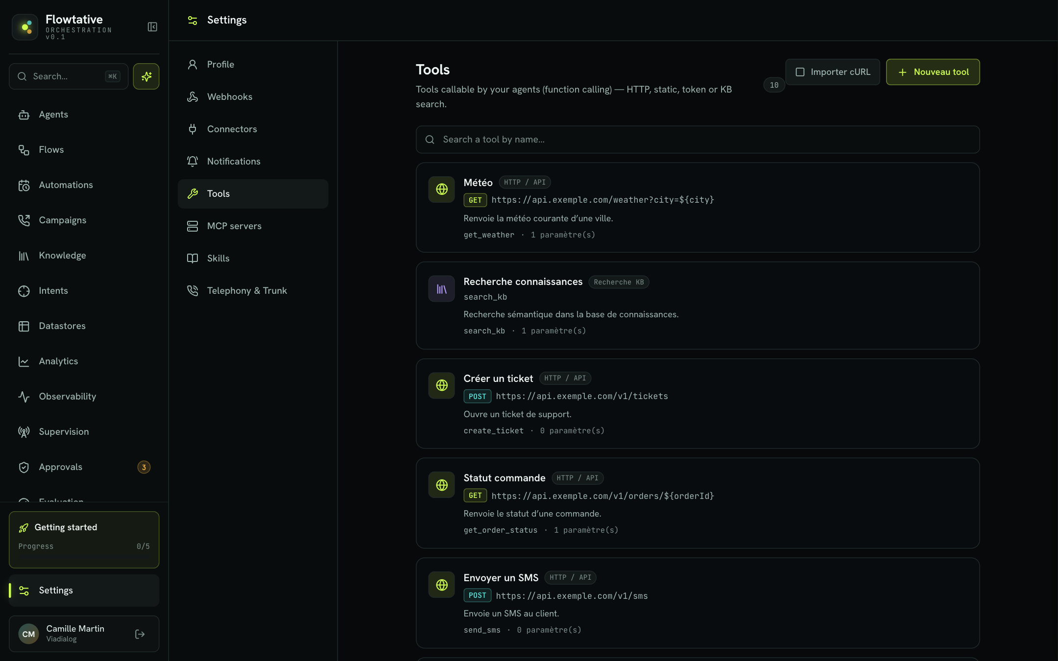 The tool list in the settings