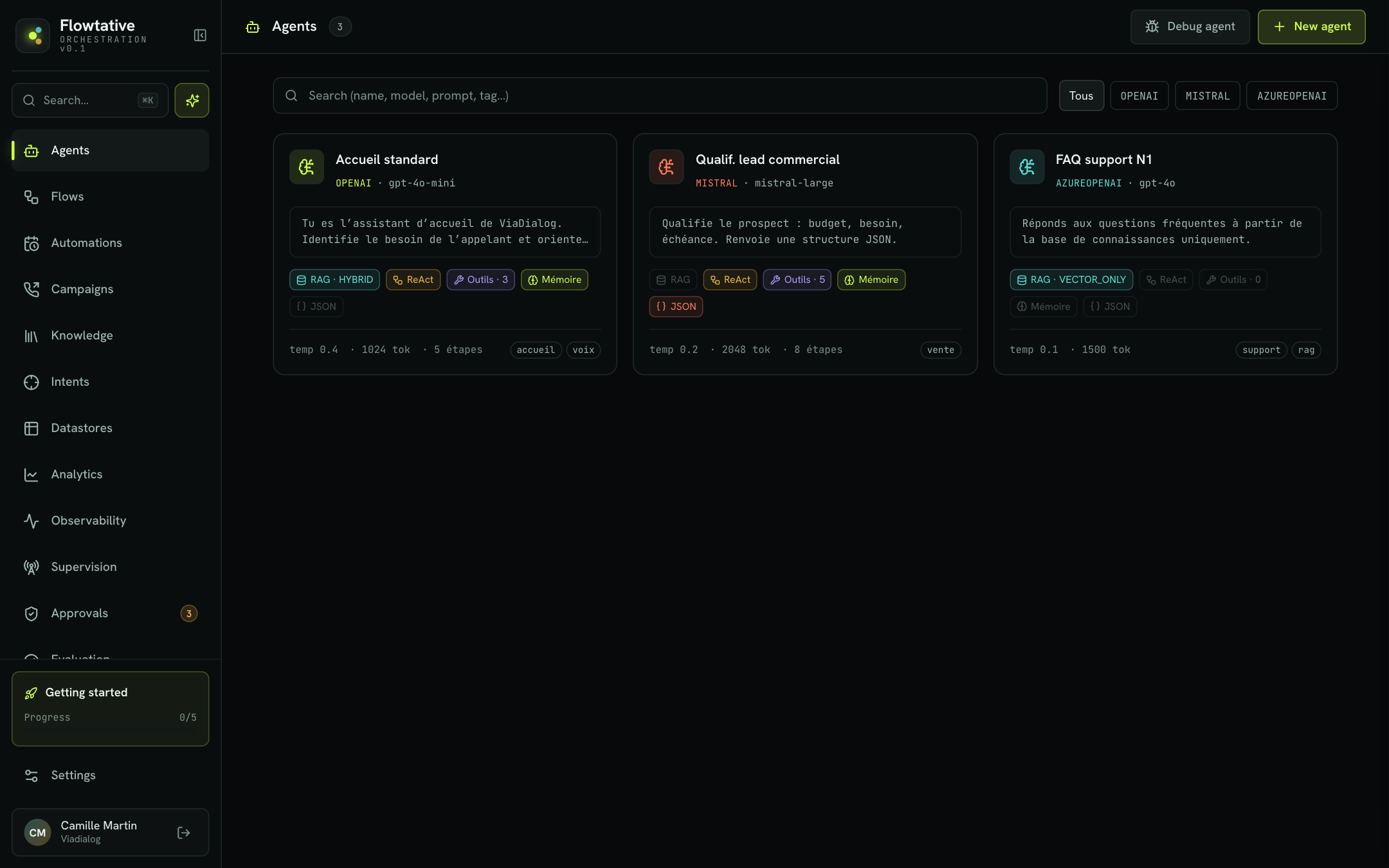 Flowtative overview: sidebar and agent list