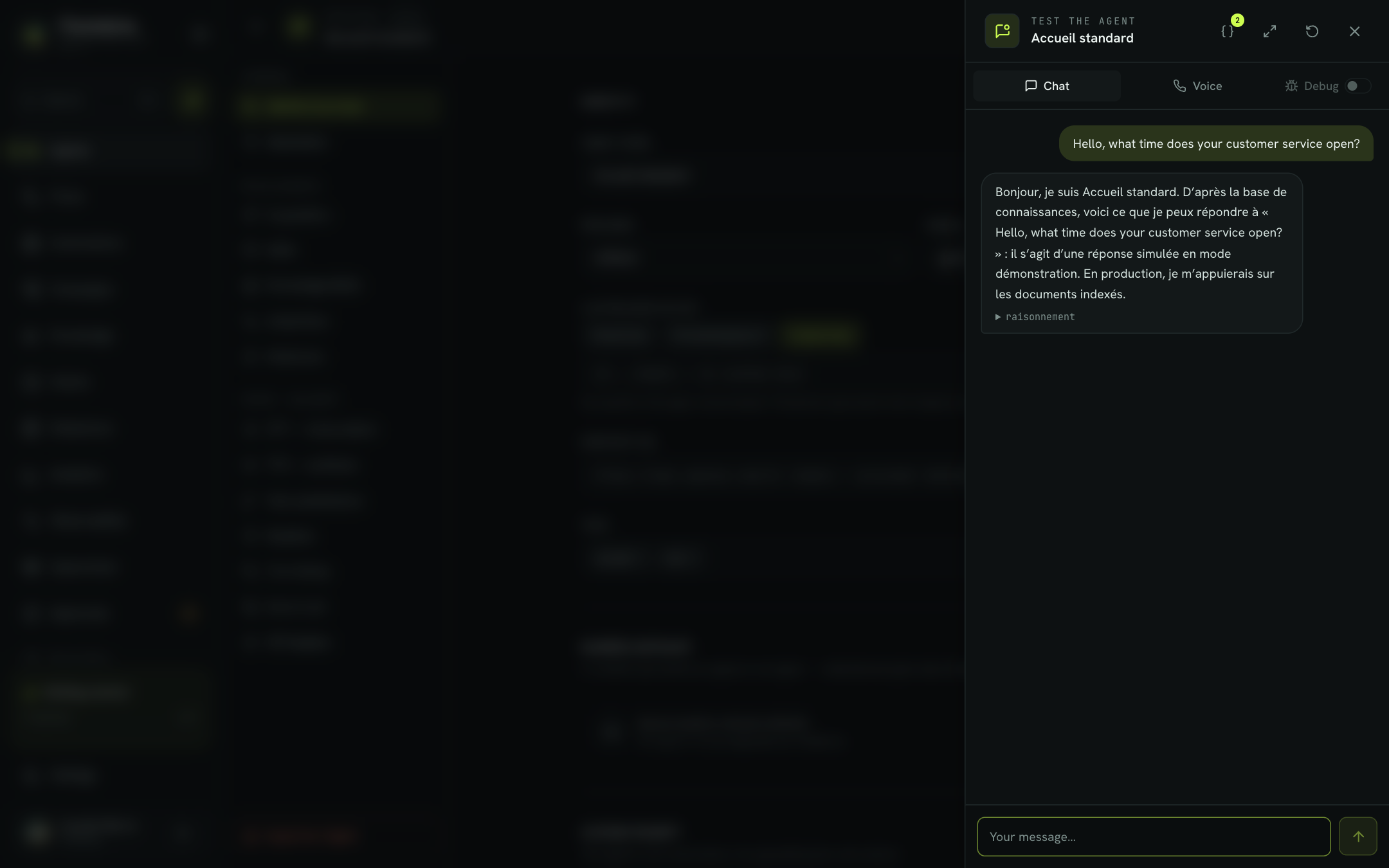 Agent test panel, Chat tab
