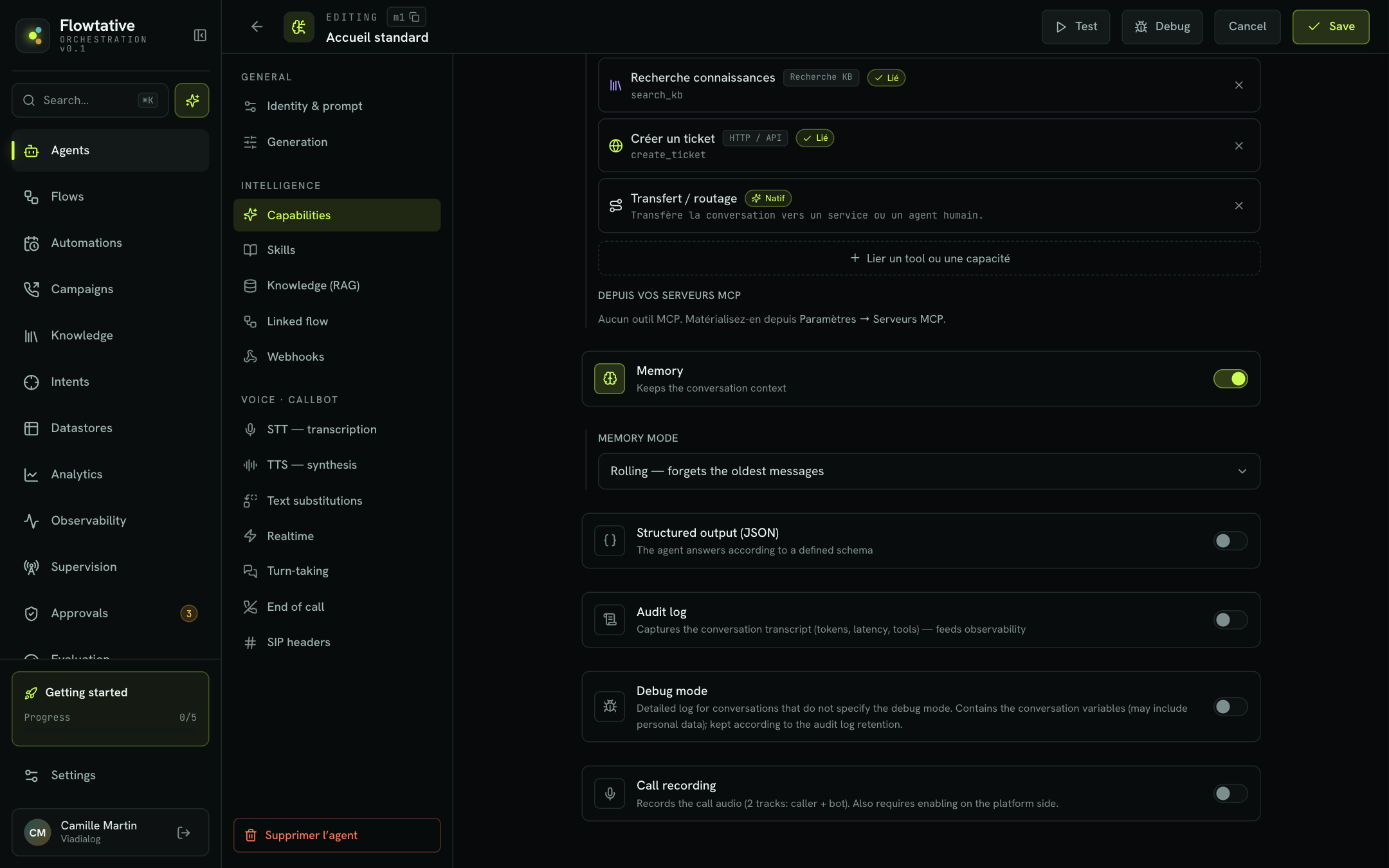 Capabilities section of the agent editor, with the audit log and debug mode