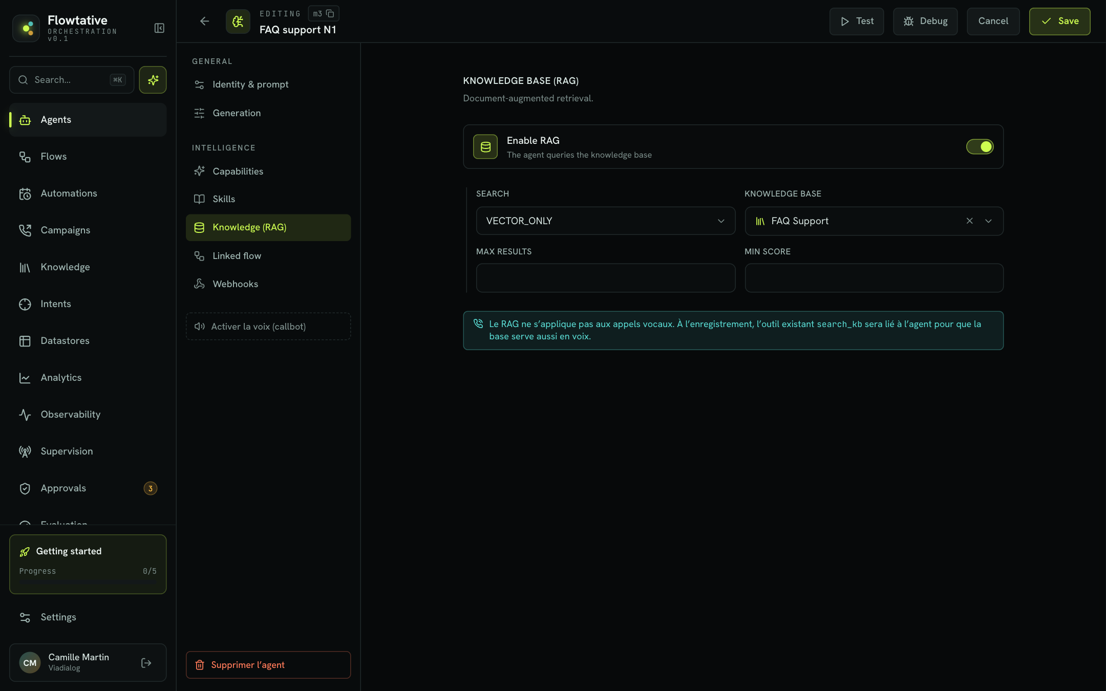 Knowledge (RAG) section of the agent editor