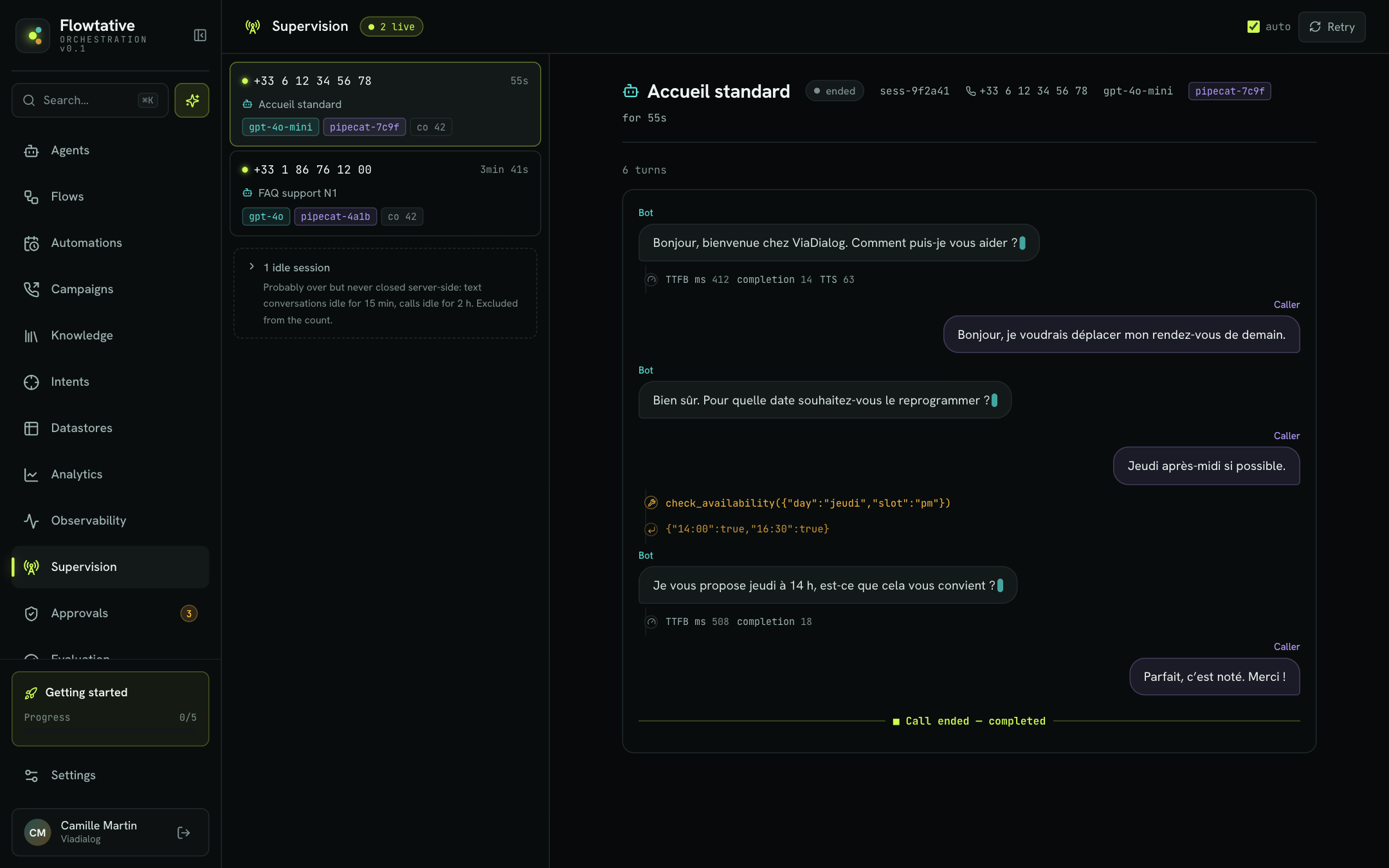 Supervision: list of ongoing calls and the live thread of a conversation