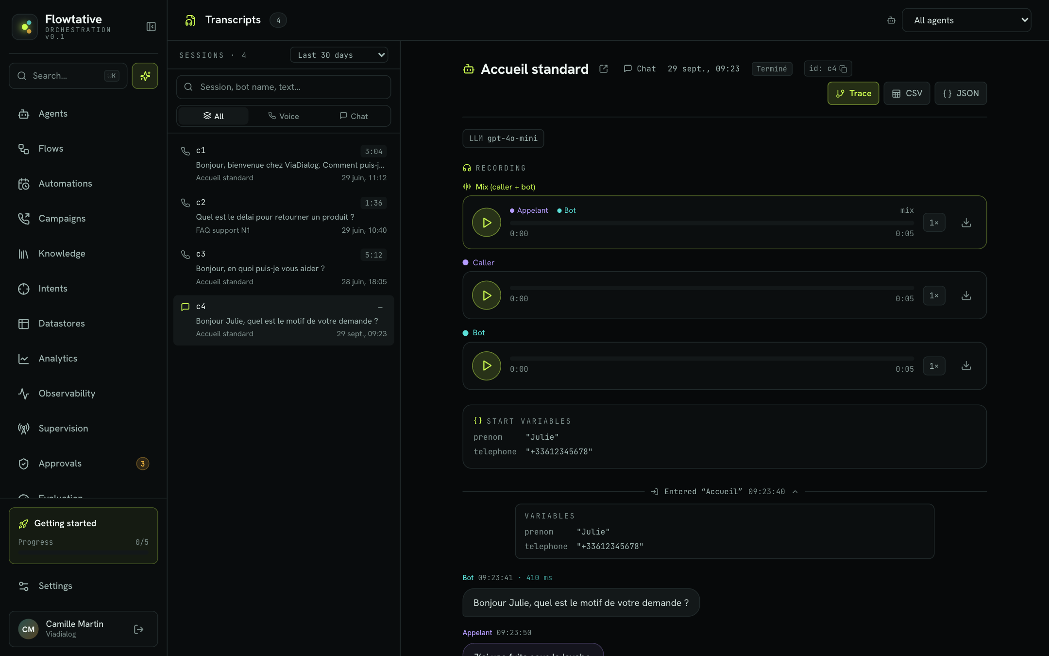 Transcript with a flow's diagnostic log