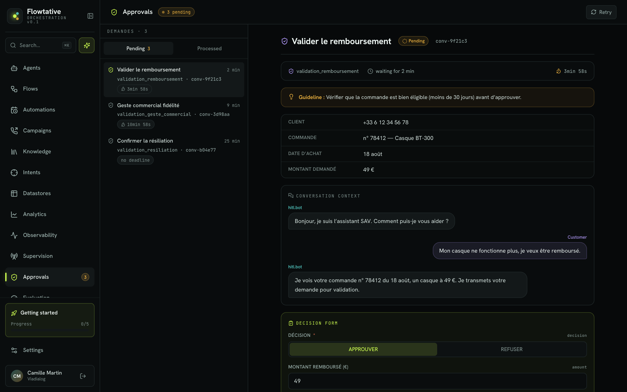 Approvals console with an open request