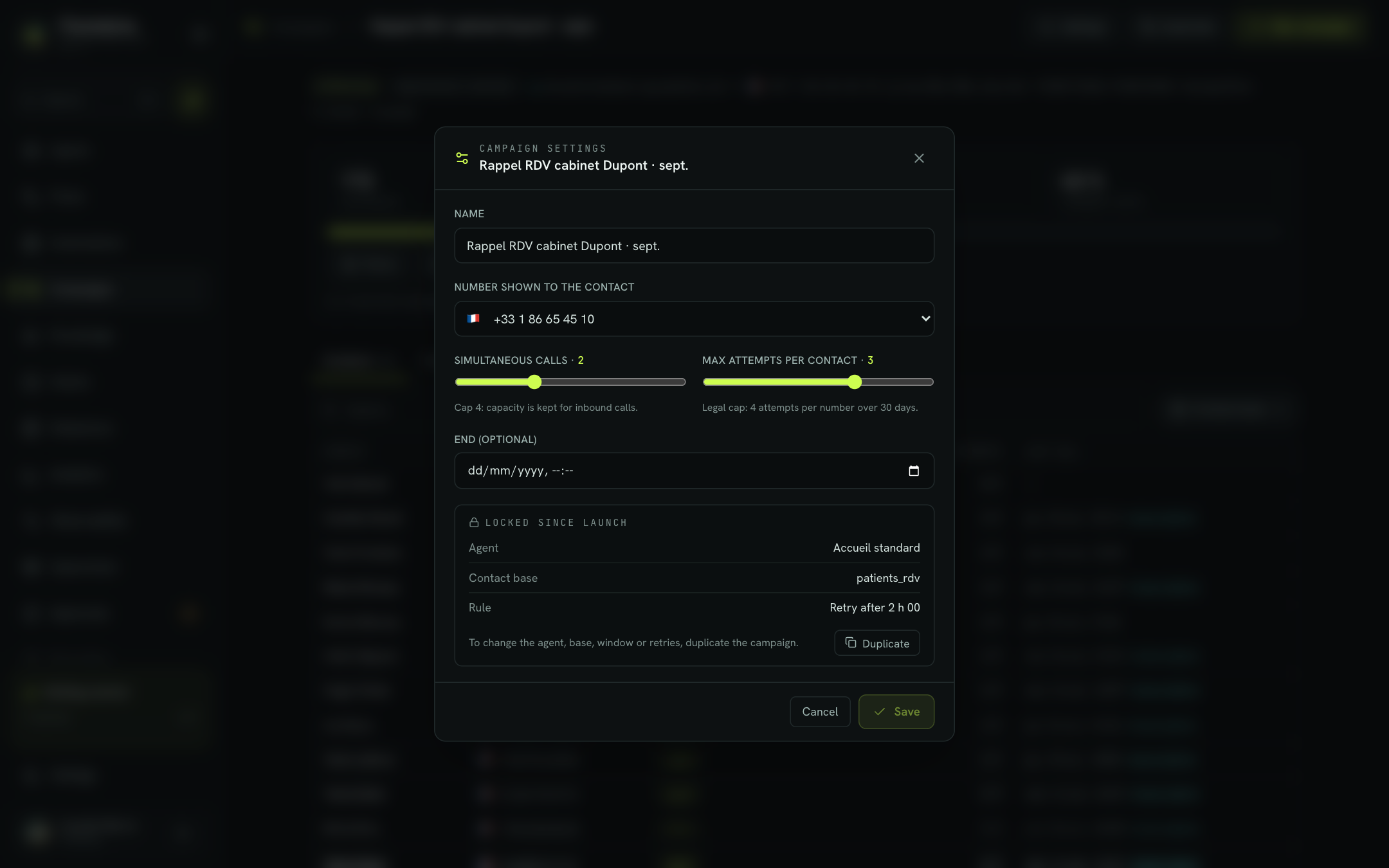 Settings of a launched campaign
