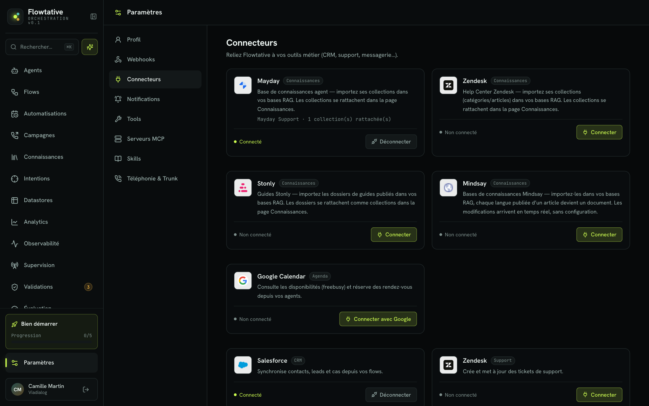Onglet Connecteurs avec les cartes Mayday, Zendesk, Stonly, Mindsay et Google Calendar