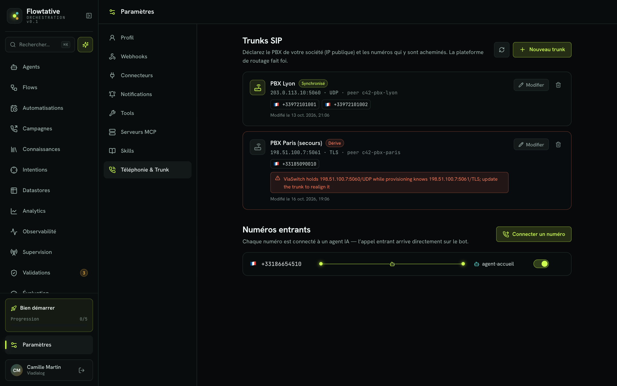 Liste des trunks SIP avec un trunk synchronisé et un trunk en dérive