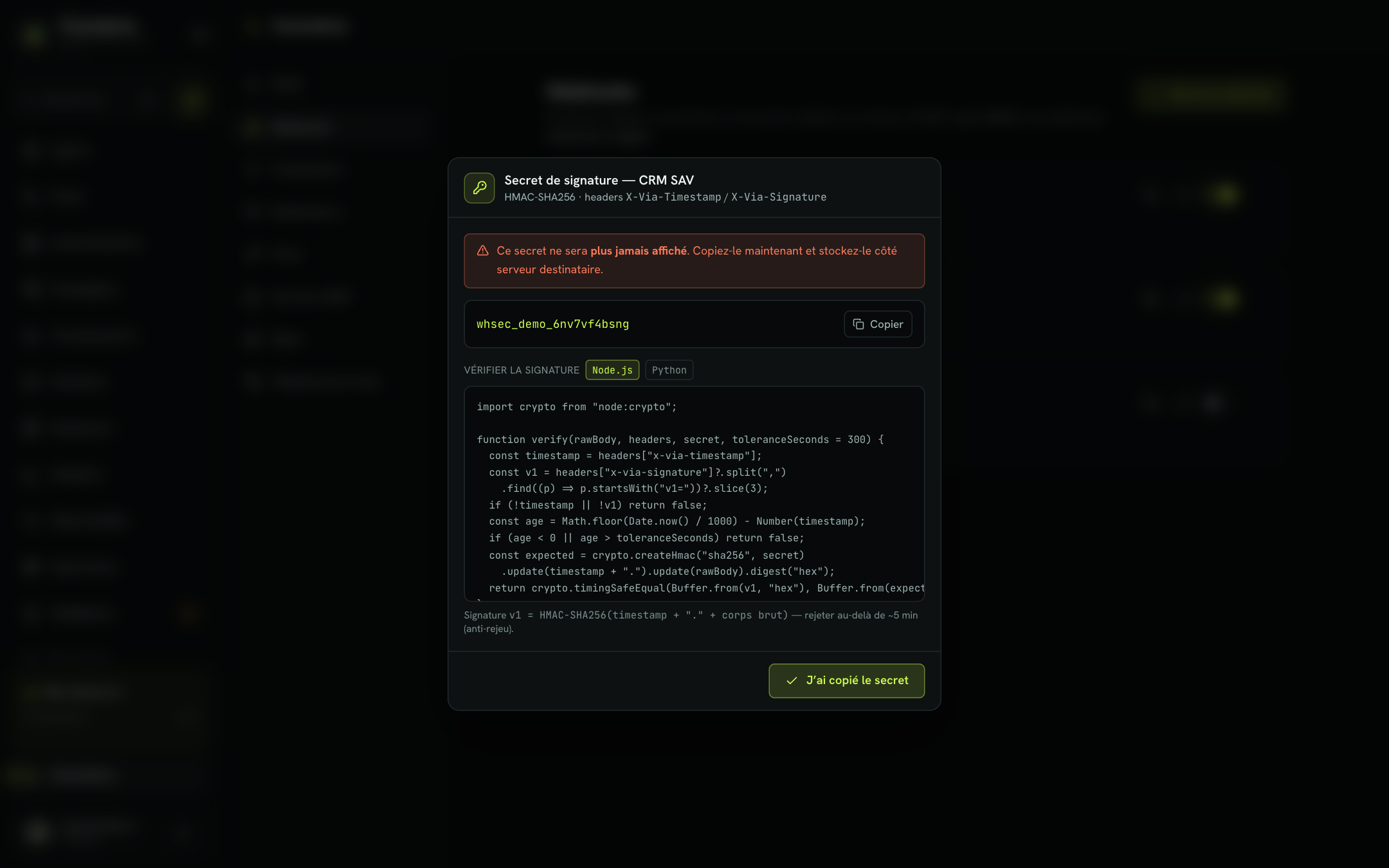 Fenêtre du secret de signature affichée juste après la création d'un webhook