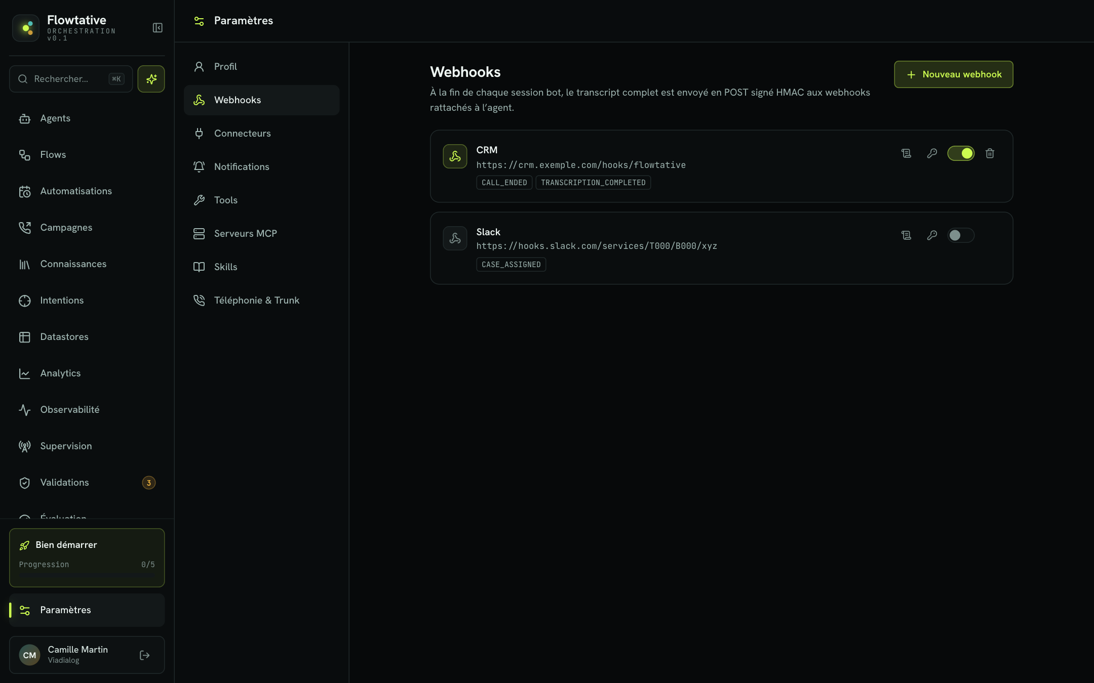 Liste des webhooks dans les paramètres, avec un webhook actif et un webhook désactivé
