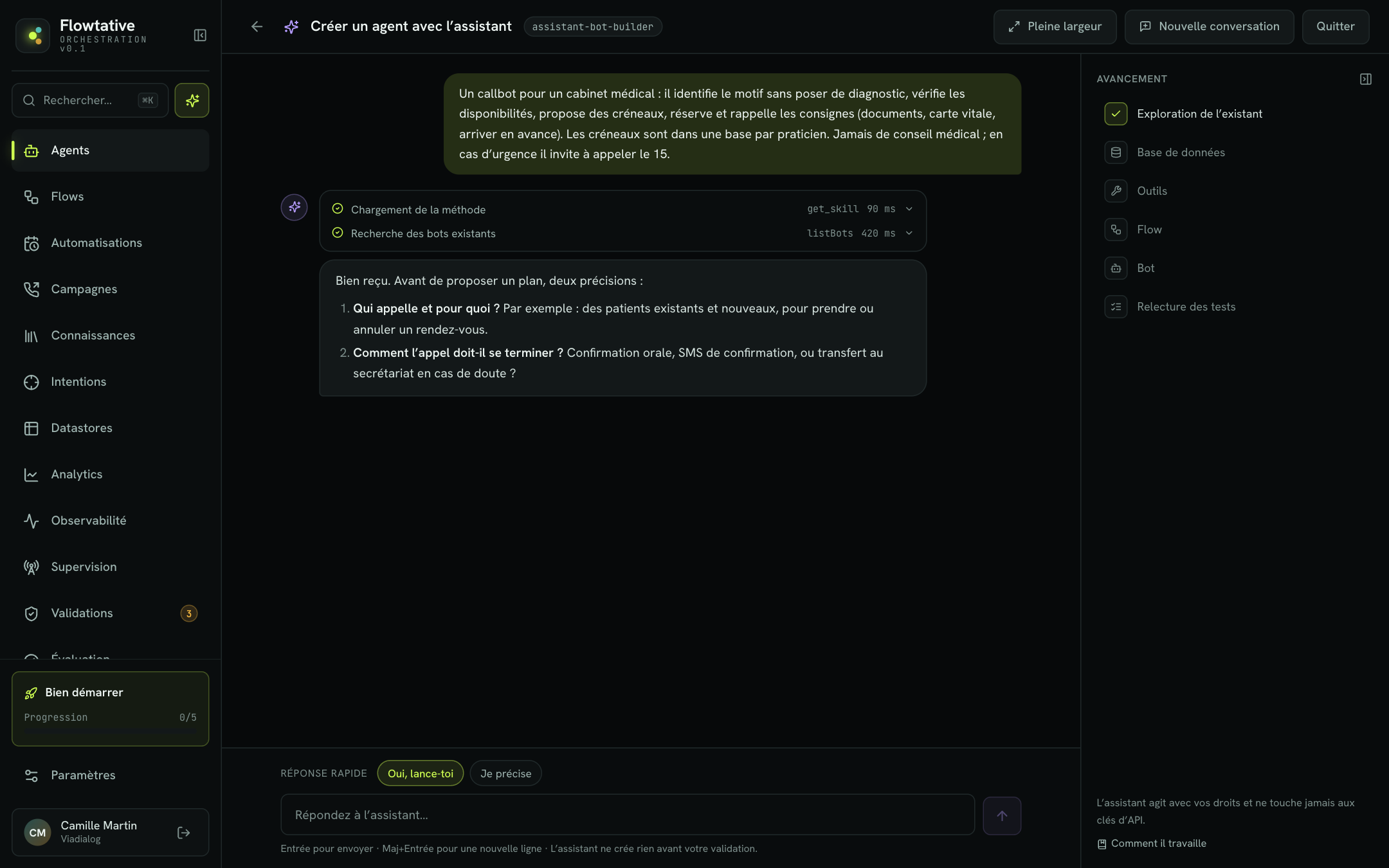 L'assistant en cours de création, avec le volet Avancement