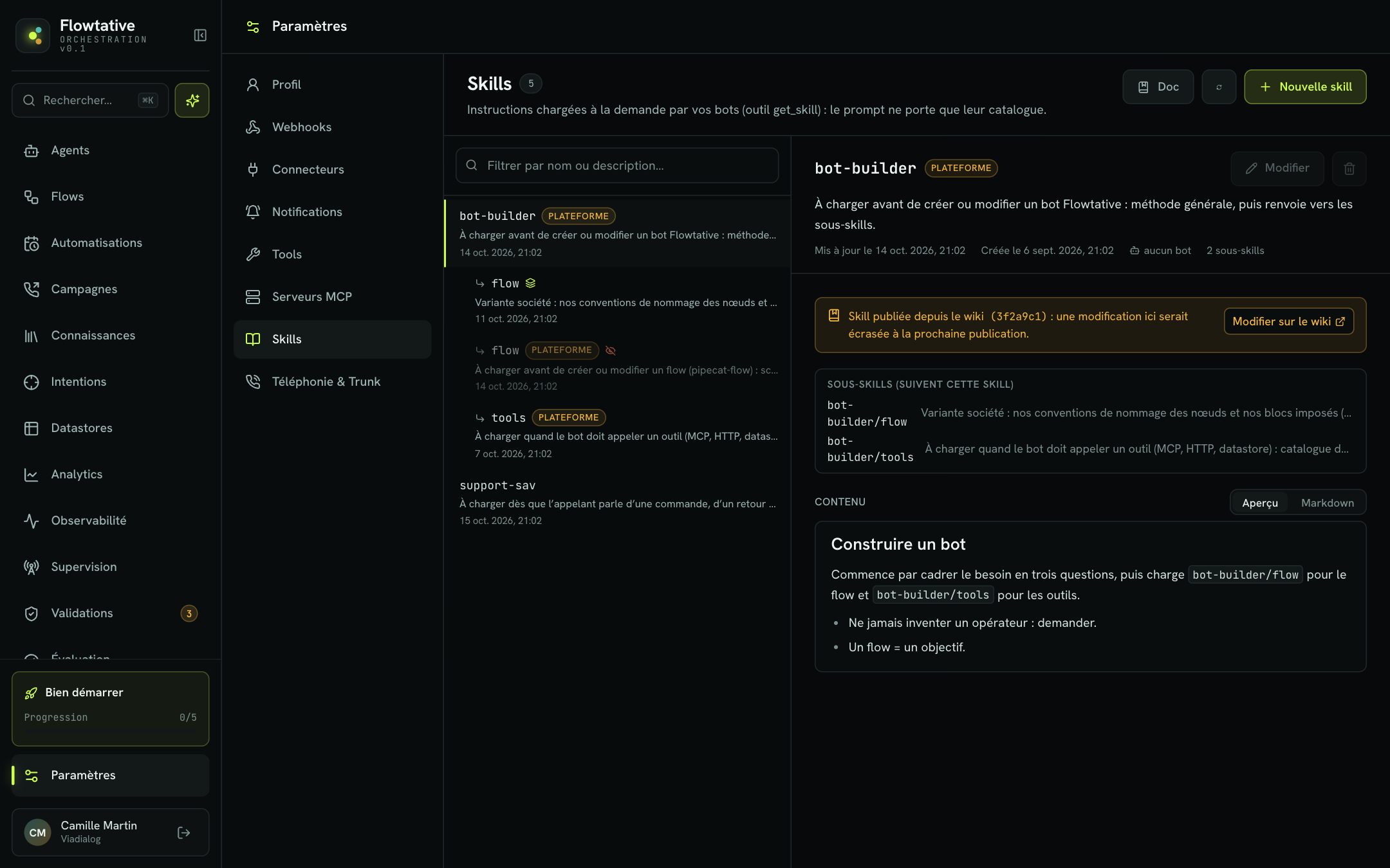 La page Skills avec l'arborescence et le détail d'une skill
