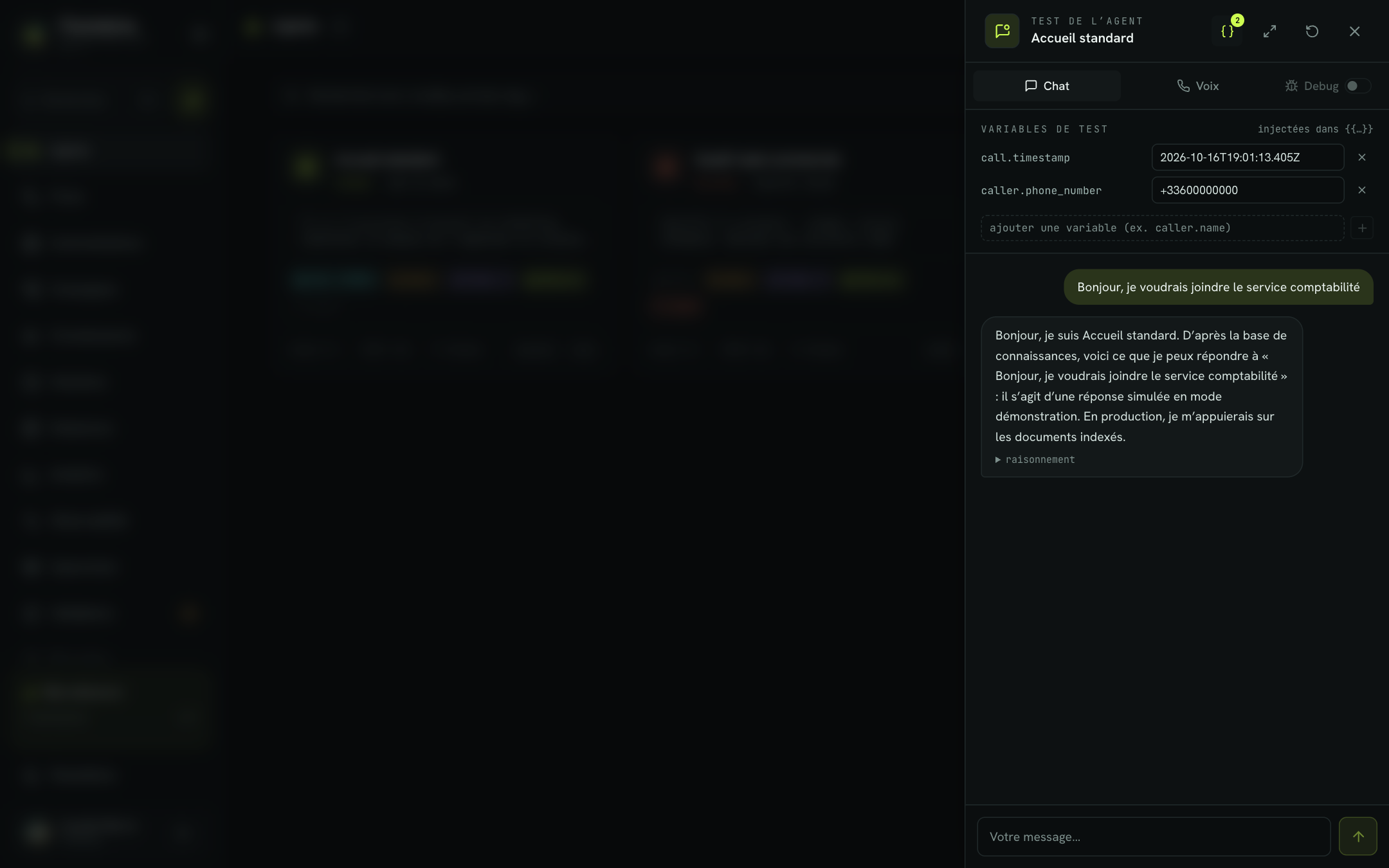 Le panneau de test en mode Chat