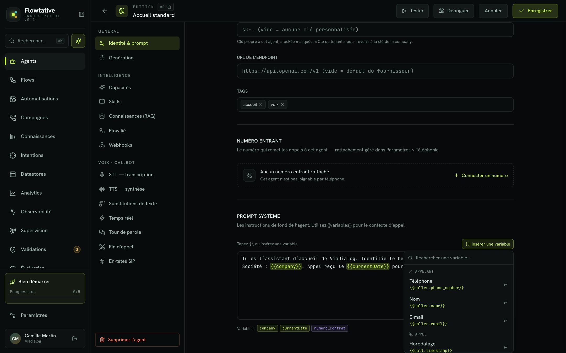 Le menu Insérer une variable du prompt système
