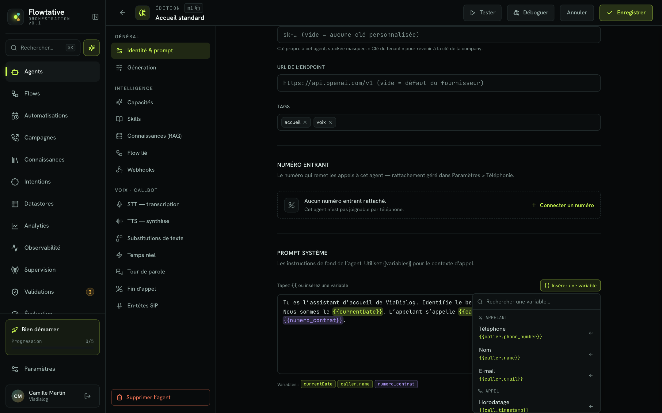 Le champ Prompt système et le menu Insérer une variable