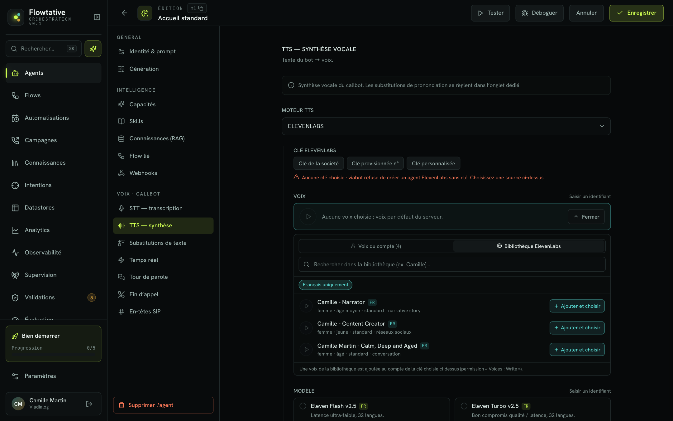 Onglet Bibliothèque ElevenLabs dans le choix de la voix d'un callbot