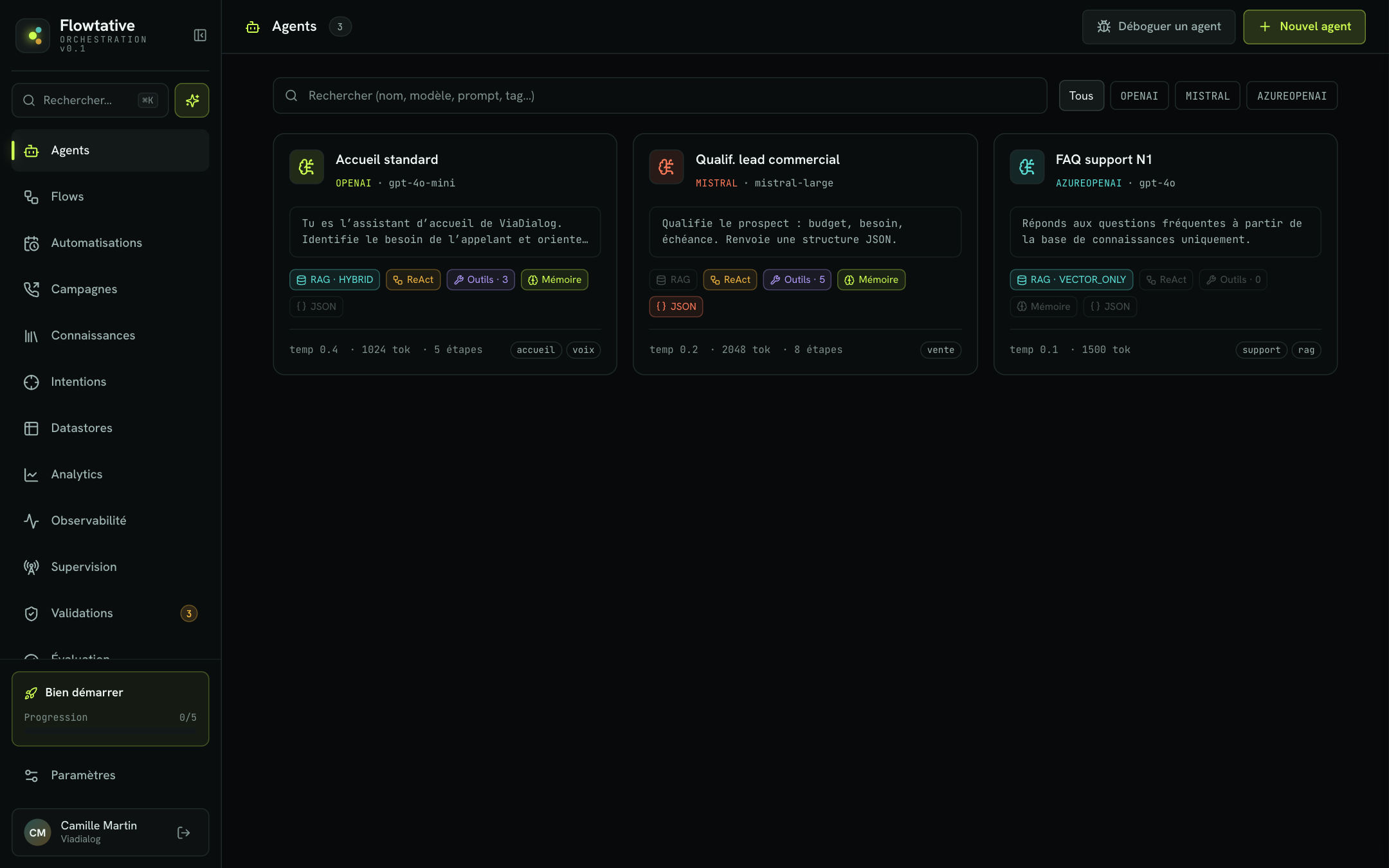 Vue d'ensemble de Flowtative : menu latéral et liste des agents