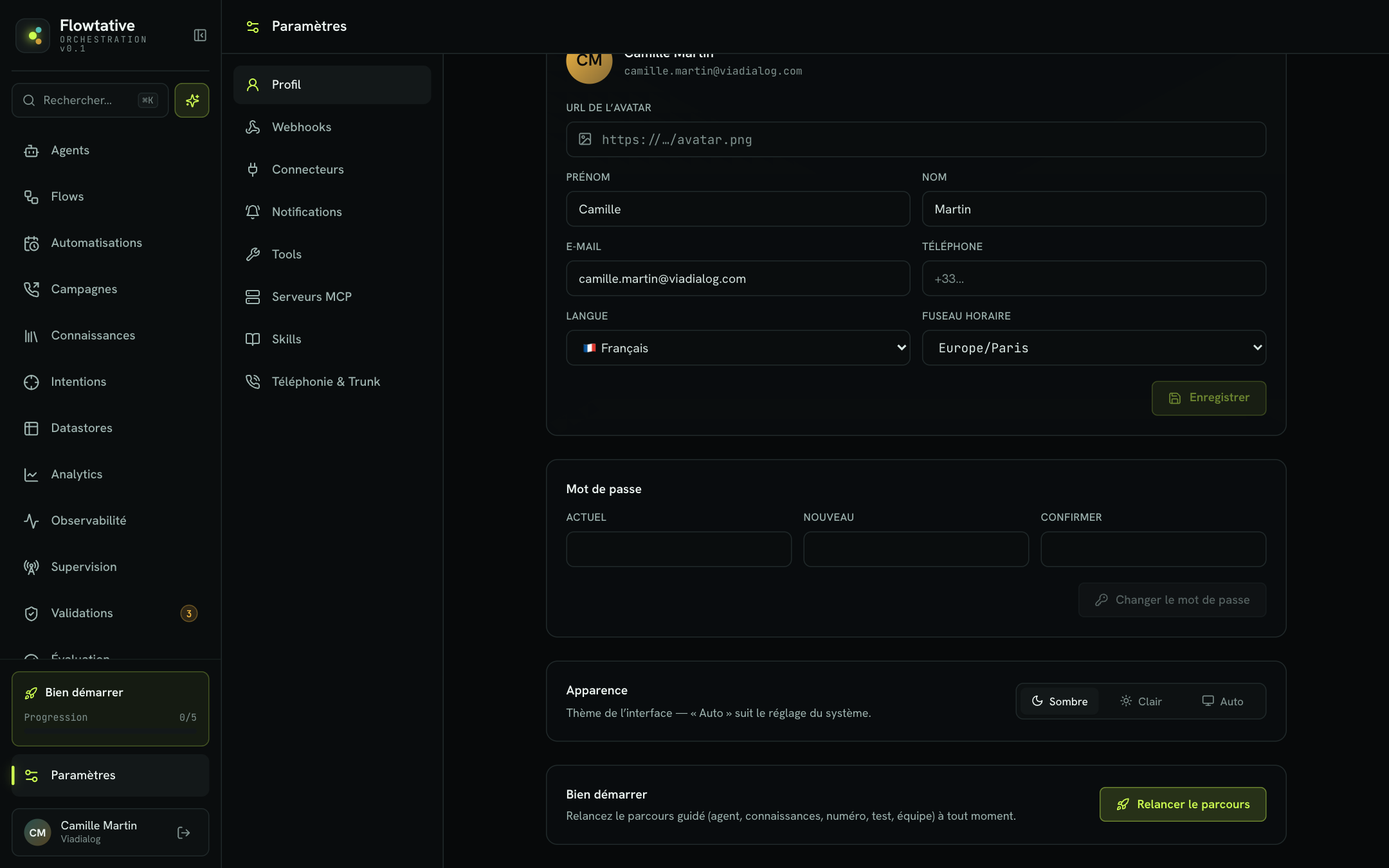 Bloc Apparence dans le profil