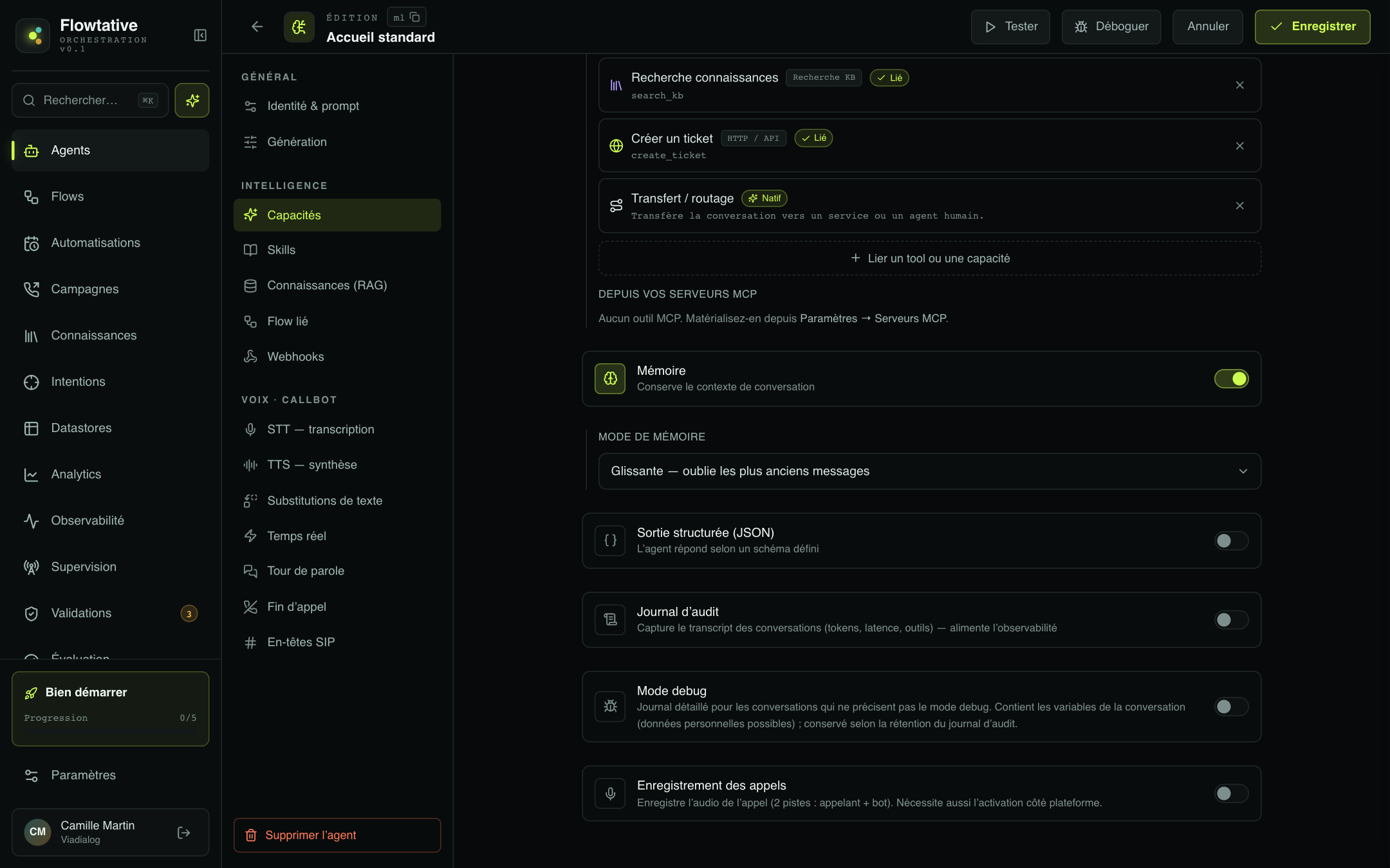 Section Capacités de l'éditeur d'agent, avec le journal d'audit et le mode debug