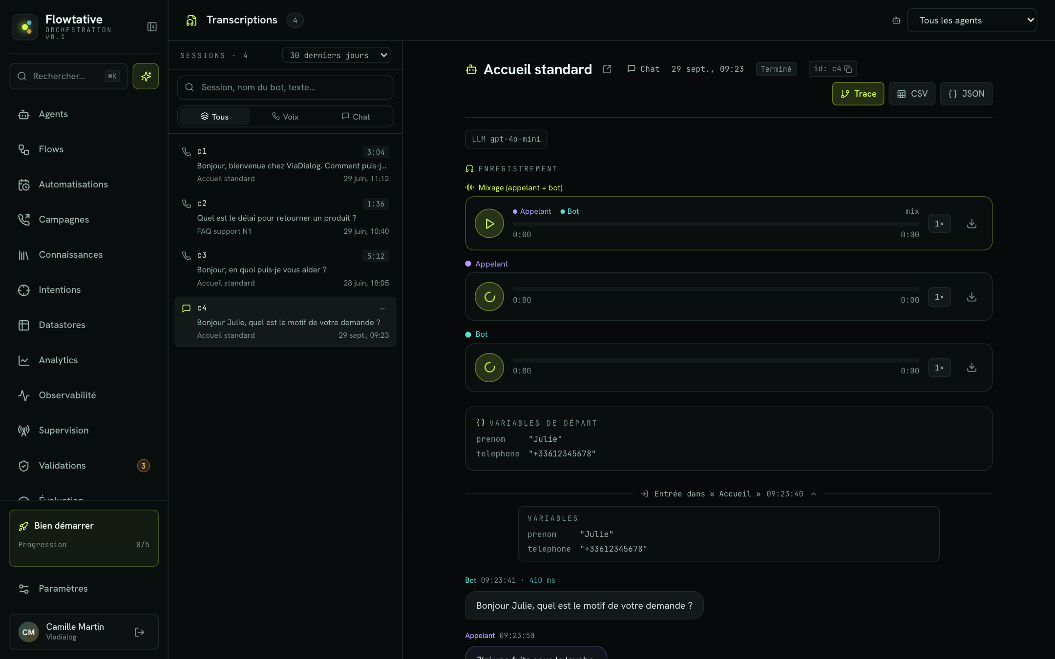 Transcription avec le journal de diagnostic d'un flow