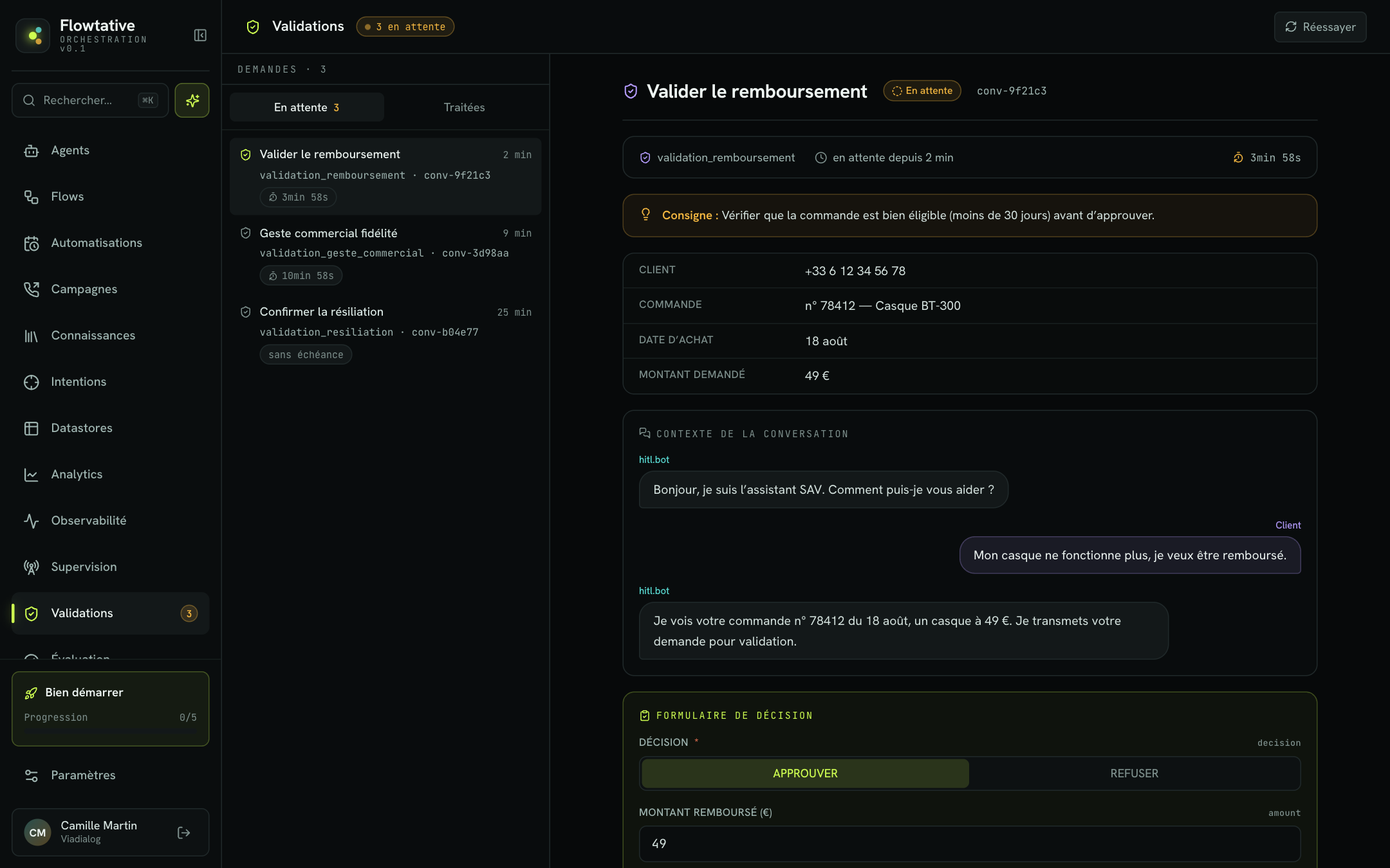 Console Validations avec une demande ouverte