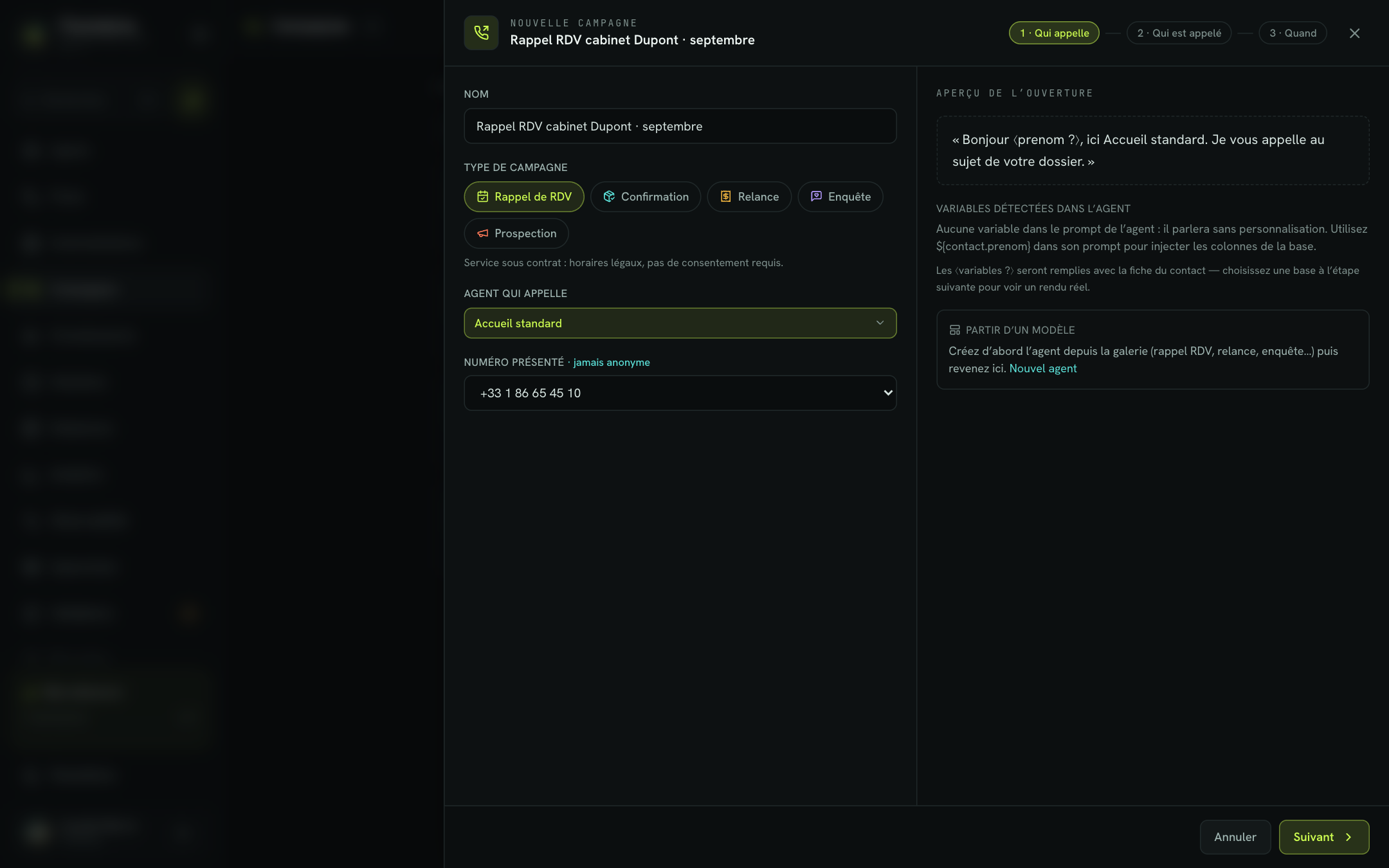 Assistant de création, étape Qui appelle